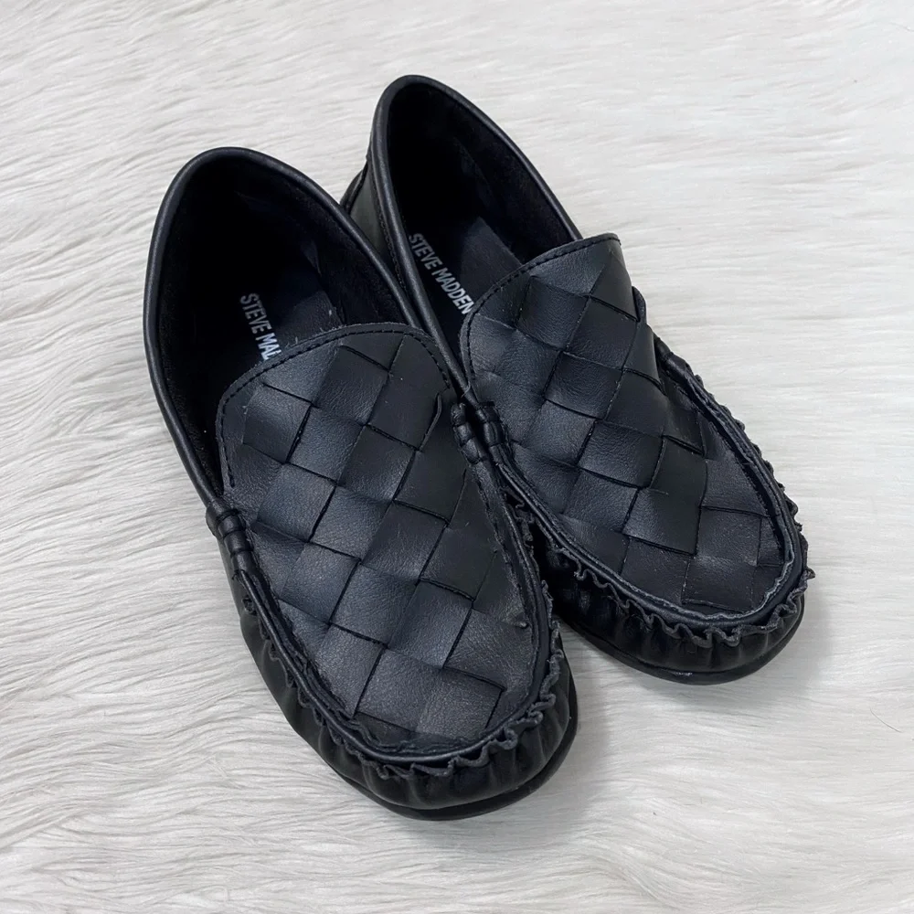 Steve Madden Kids Boys Black Woven Leather Driving Loafers